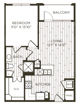 Floor plan for 1 bed, 1 bath, 798 sqft